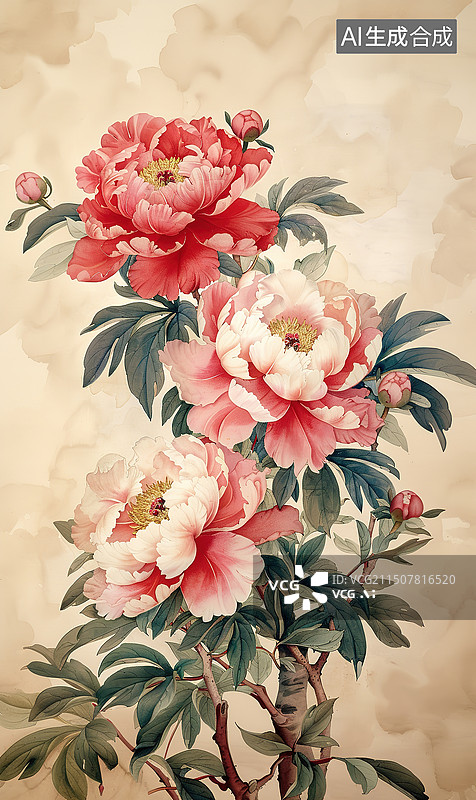 【AI数字艺术】盛开的牡丹插画图片素材