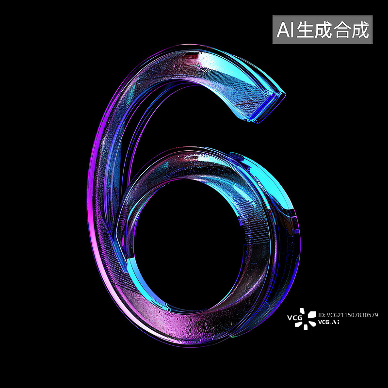 【AI数字艺术】黑色背景科技感镭射数字6图片素材