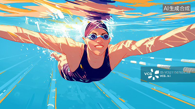 【AI数字艺术】一个在游泳池里游泳的中国运动员，亚运会运动会奥运会锦标赛概念插画图片素材