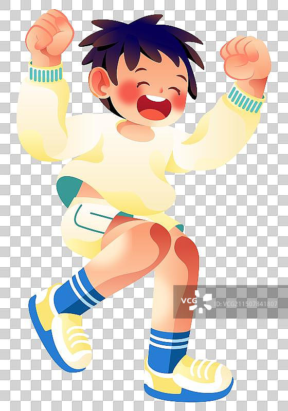 欢呼跳跃短裤笑脸男孩插画图片素材