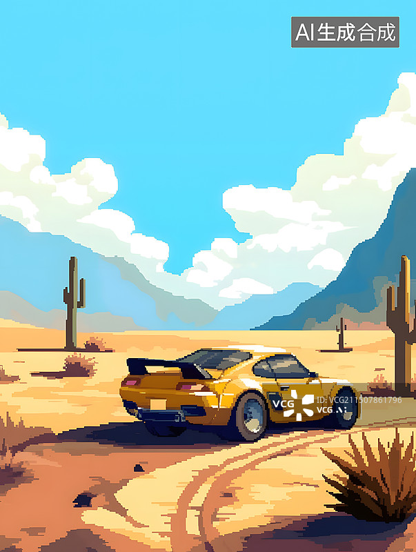 【AI数字艺术】黄色跑车在沙漠中行驶像素风插画图片素材