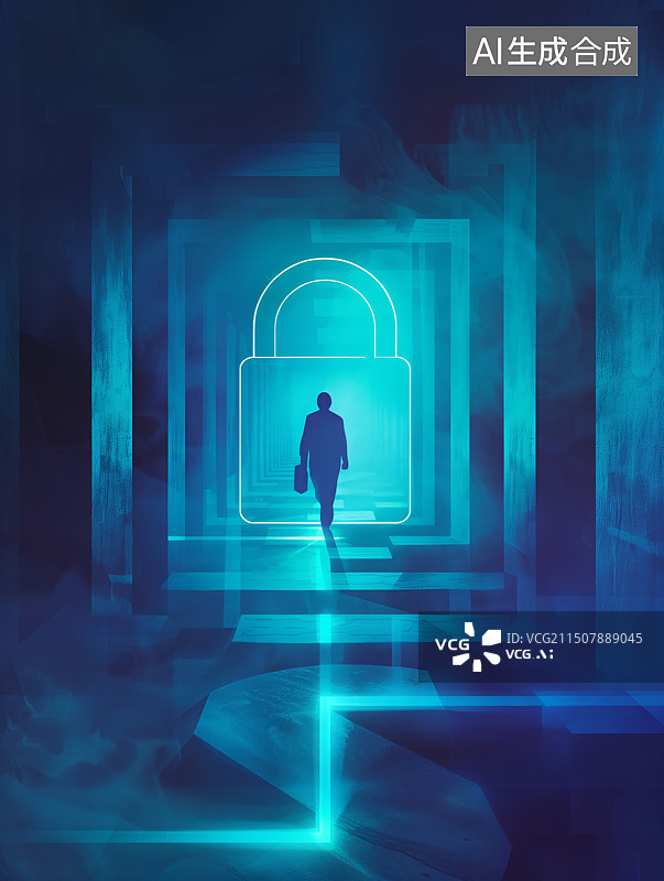 【AI数字艺术】蓝色抽象背景下，一个人在迷宫中面对着一个安全图标的极简光影插画，安全、科技、隐私、风险相关概念图片素材