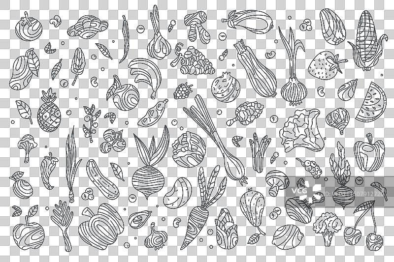 白色背景上的涂鸦蔬菜水果合集图片素材