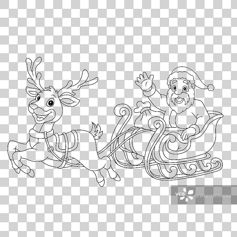 圣诞老人乘坐雪橇送礼物涂色图图片素材
