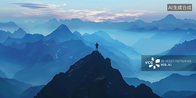 【AI数字艺术】雄伟的山峰剪影：一人身影攀登至顶峰，拥抱广袤的风景与天际线。图片素材