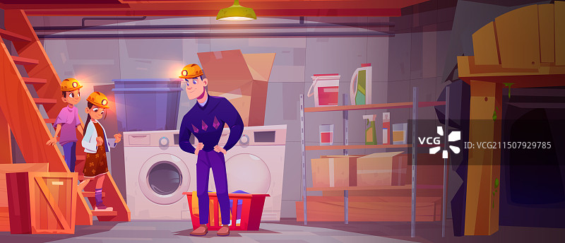 父亲和孩子在有隧道的地下室房间里图片素材