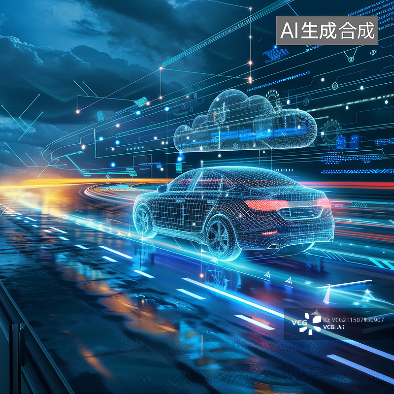 【AI数字艺术】无人驾驶技术信息雷达探测躲避车辆概念图片素材