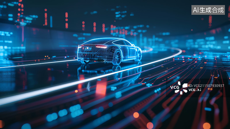 【AI数字艺术】无人驾驶技术信息雷达探测躲避车辆概念图片素材