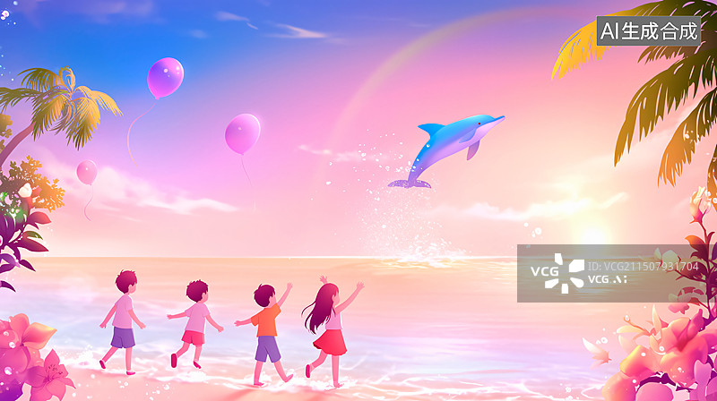 【AI数字艺术】一群小孩在夏日的海边沙滩上游玩，梦幻的紫色天空中有一只海豚图片素材