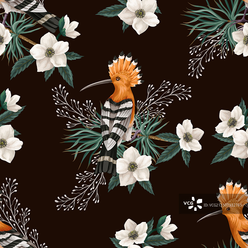 戴胜鸟与秋叶无缝图案图片素材