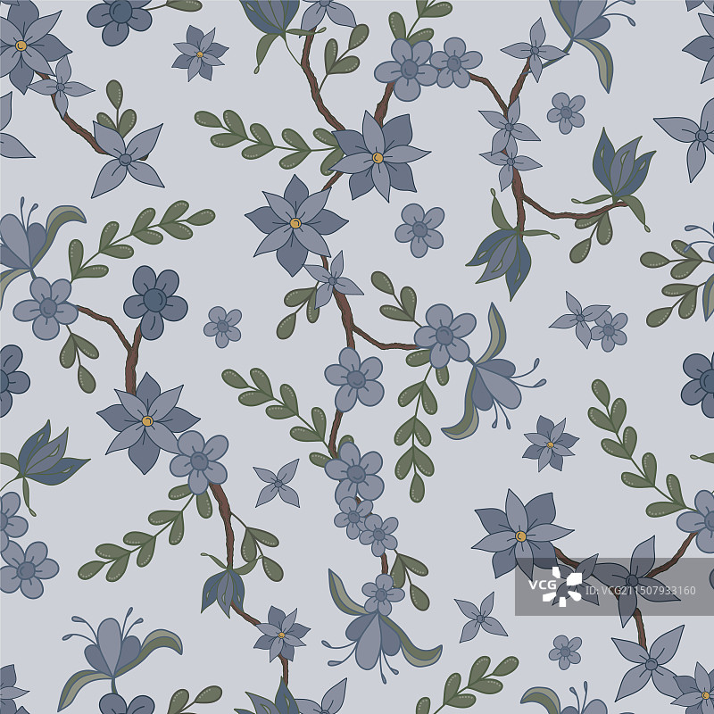 灰色背景上的蓝色复古风格花卉藤蔓图片素材