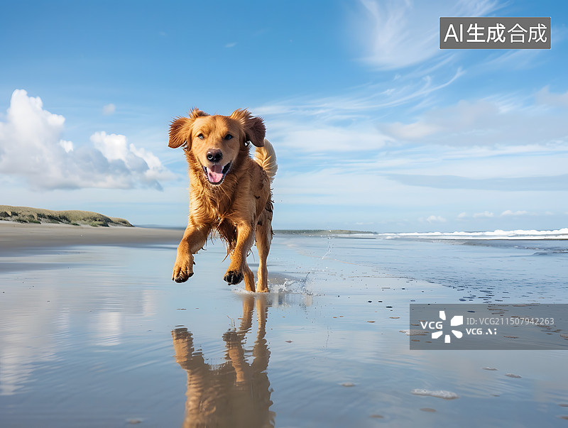 【AI数字艺术】海边沙滩上奔跑的小狗图片素材