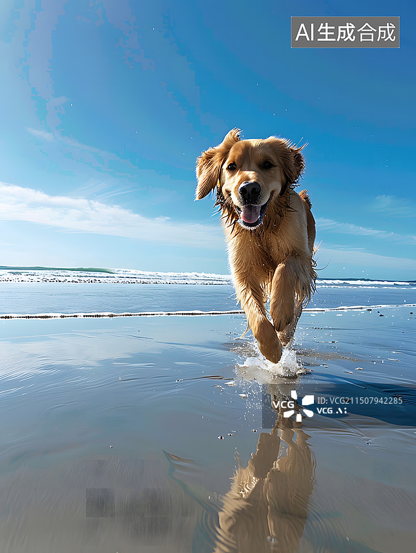 【AI数字艺术】海边沙滩上奔跑的小狗图片素材