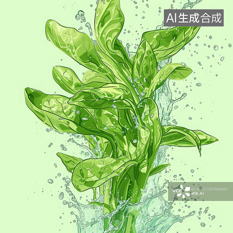 【AI数字艺术】特写飞溅动感水花菜心图片素材