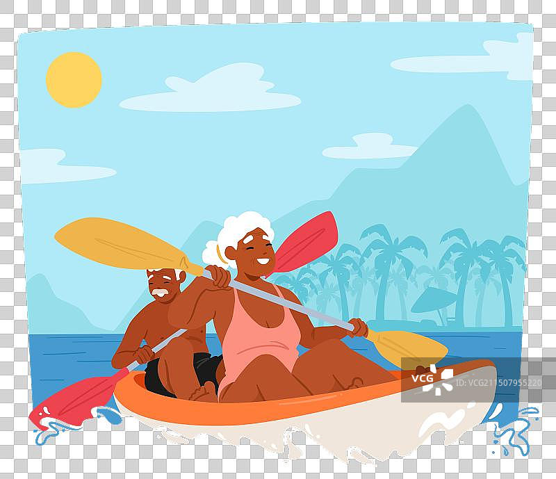 阳光明媚，老年夫妇一起划皮划艇图片素材