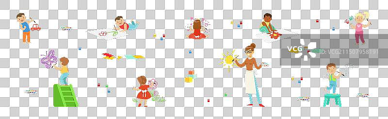 快乐的孩子用彩色笔绘画图片素材