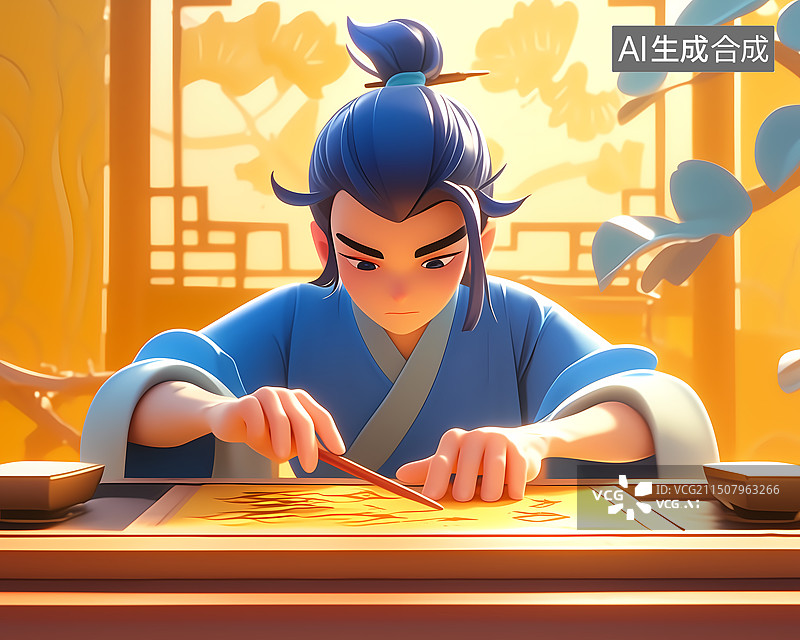 【AI数字艺术】一位古代书生在书桌前画画中国文化3D插画图片素材