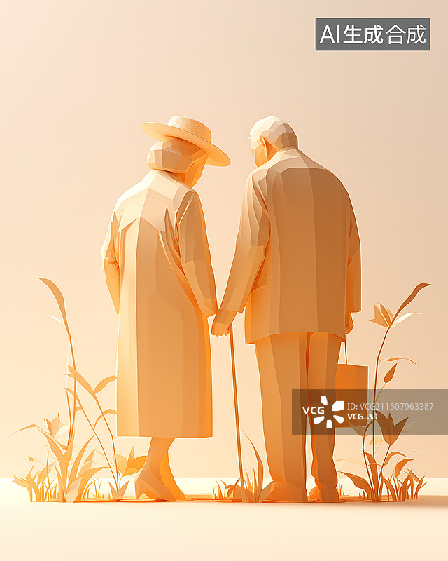 【AI数字艺术】一对老年夫妻拄着拐杖提着包金婚3D插画图片素材