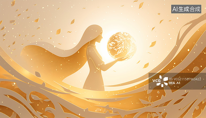 【AI数字艺术】长发女性捧着星球抽象梦幻3D插画图片素材