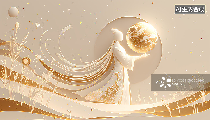 【AI数字艺术】一位古人捧着星球飘带草丛山坡3D插画图片素材