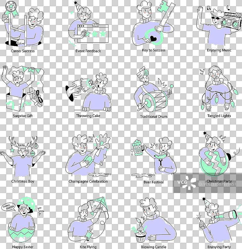 16个成功与庆祝涂鸦迷你插画图片素材