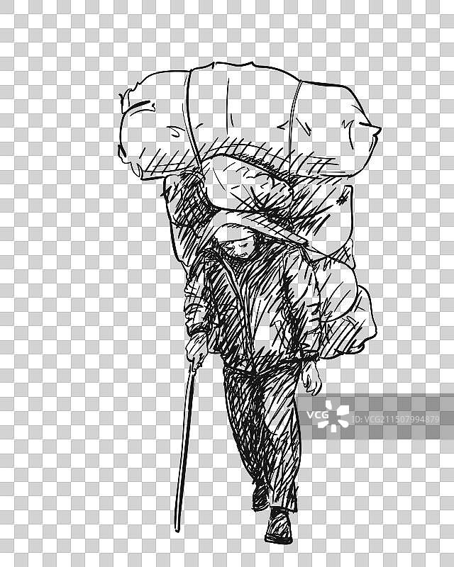 尼泊尔搬运工负重前行图片素材