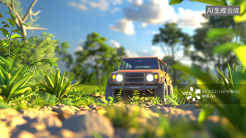 【AI数字艺术】一辆吉普车行驶在丛林中三维场景图片素材