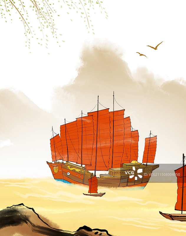 郑和，下西洋，明朝，大宝船，非独家手绘水彩插画古代文学名著插图传统文化图片素材