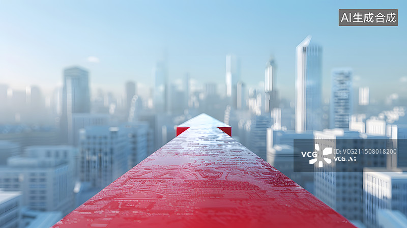 【AI数字艺术】城市风光与向上趋势的红色箭头图片素材