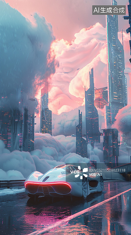 【AI数字艺术】未来无人驾驶汽车在赛博朋克城市的插画图片素材