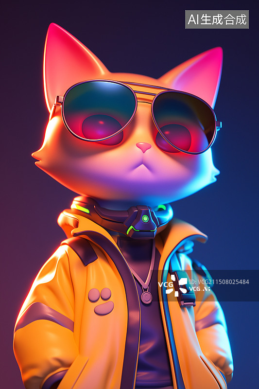 【AI数字艺术】黑底带墨镜的荧光色尖耳可爱猫3D赛博插画图片素材