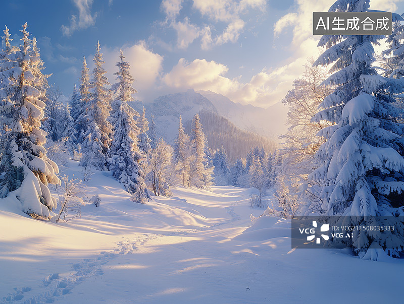 【AI数字艺术】冬天森林松树和道路被大雪覆盖摄影背景图图片素材