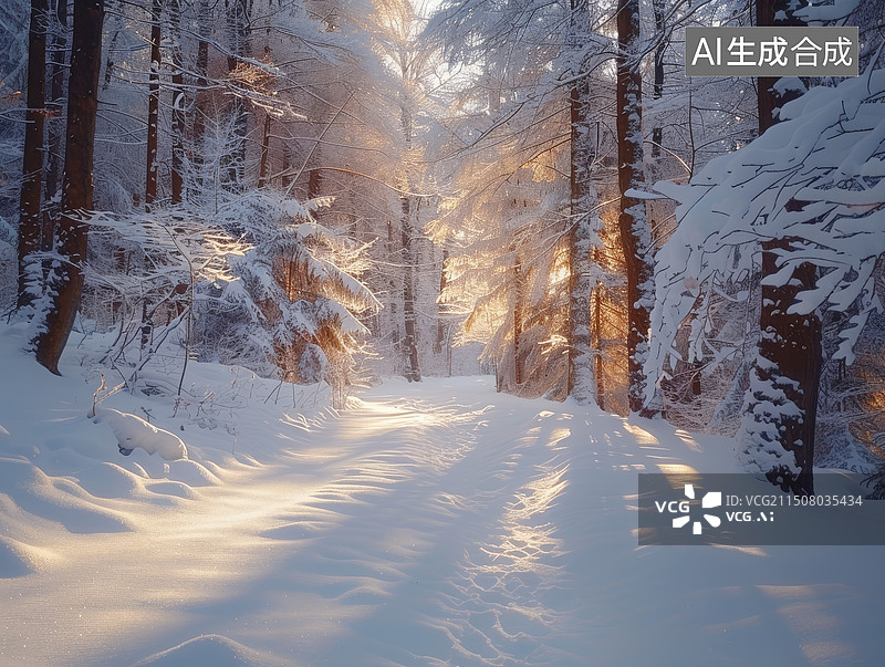 【AI数字艺术】冬天夕阳下森林松树和道路被大雪覆盖摄影背景图图片素材