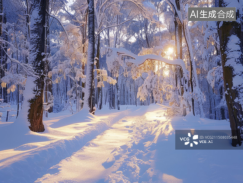 【AI数字艺术】冬天夕阳下森林松树和道路被大雪覆盖摄影背景图图片素材