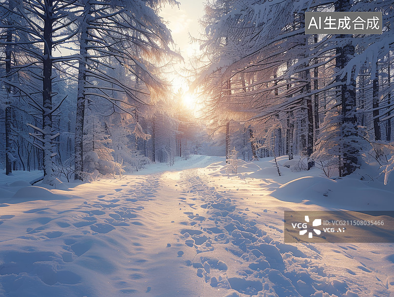 【AI数字艺术】冬天夕阳下森林松树和道路被大雪覆盖摄影背景图图片素材