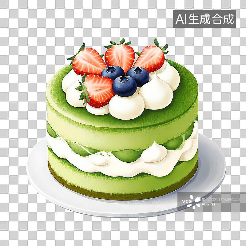 【AI数字艺术】手绘插画，抹茶蛋糕免抠元素图片素材