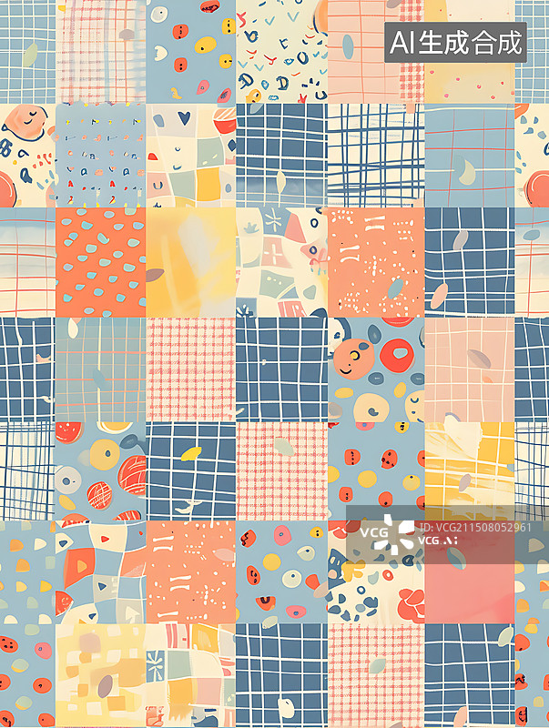【AI数字艺术】柔和桃手绘格子手账插画图片素材