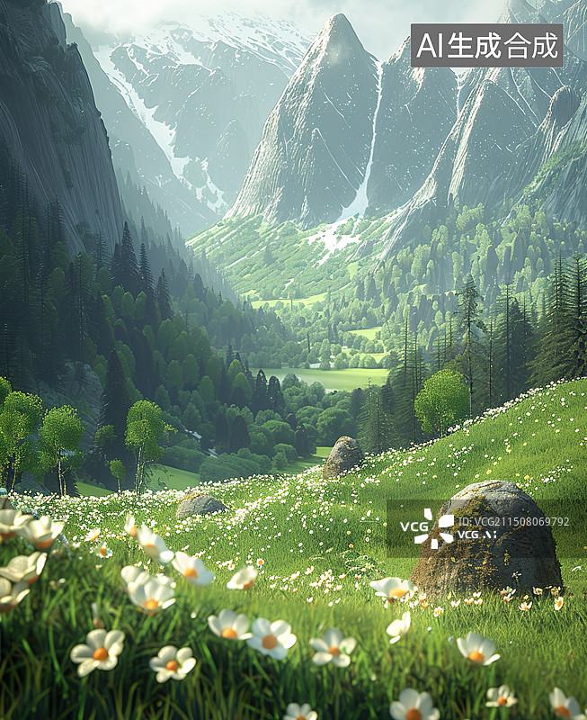 【AI数字艺术】阳光明媚的场景 绿意盎然 远景 山野平原图片素材