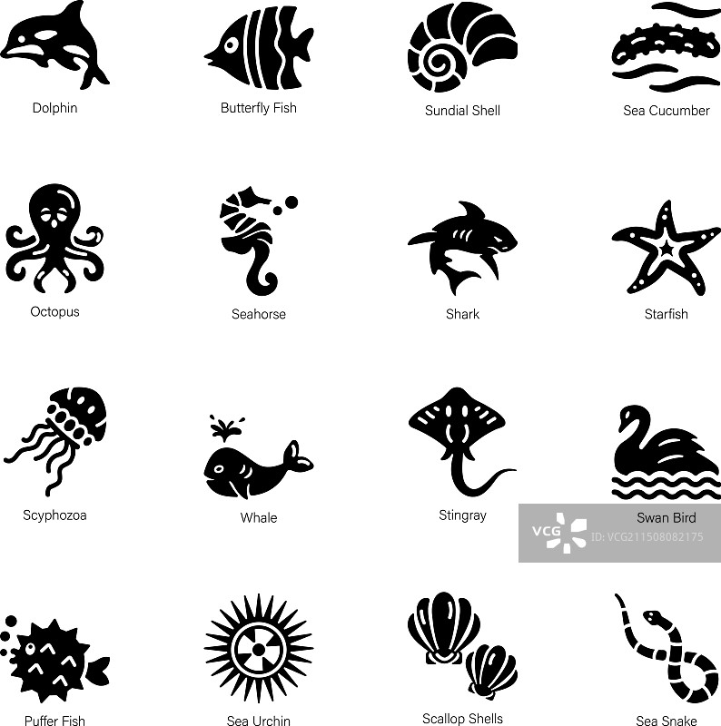 16个字形风格水生动物图标集图片素材