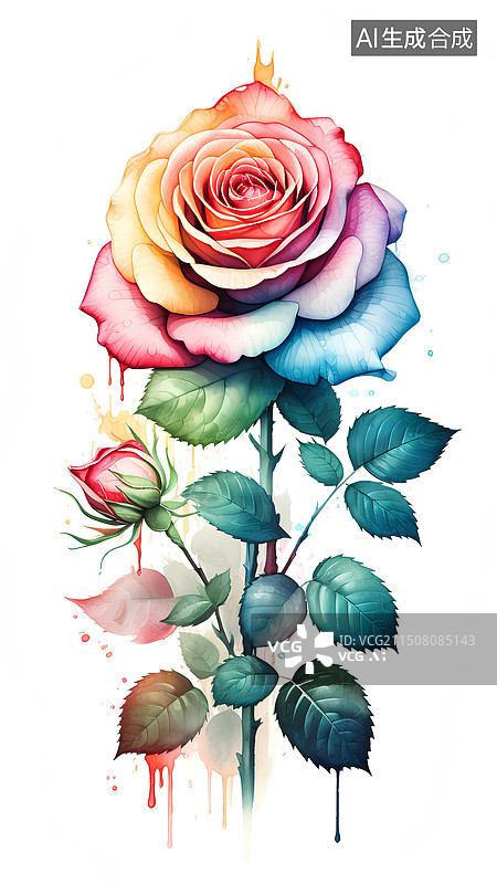 【AI数字艺术】白色背景下的玫瑰水彩插画图片素材