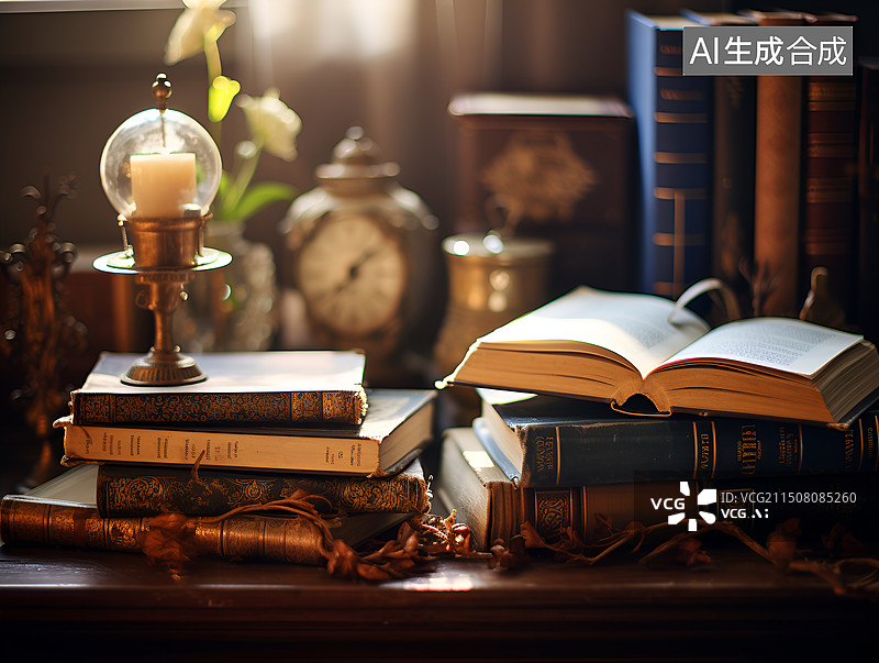 【AI数字艺术】书桌上展开的书图片素材