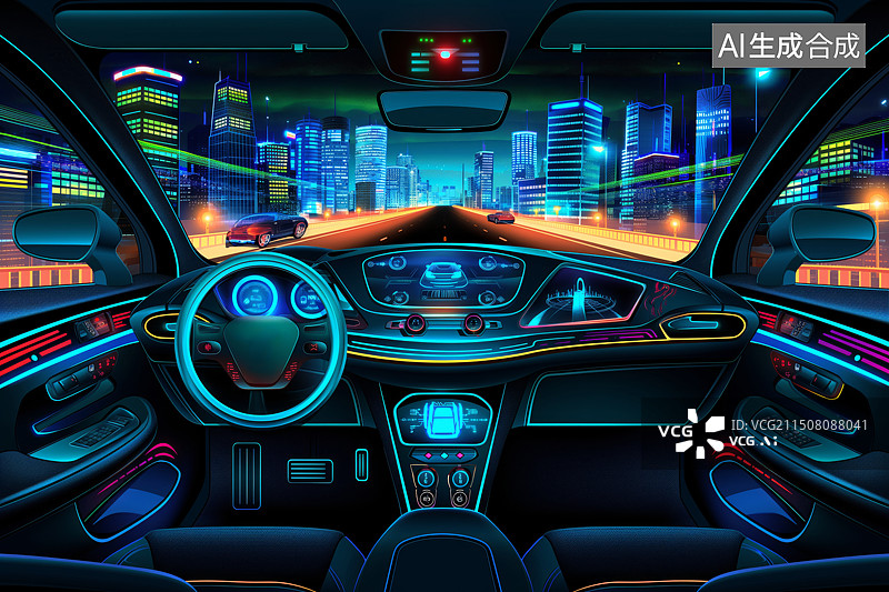 【AI数字艺术】自动驾驶汽车内部场景图图片素材