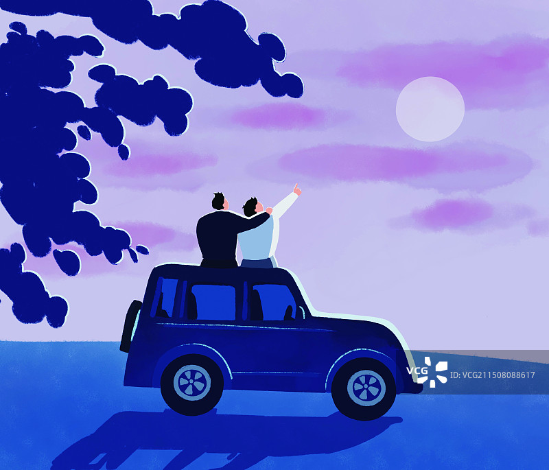 彩色卡通画插画看流星看星空夜晚坐在车顶户外野外露营夜色月亮图片素材