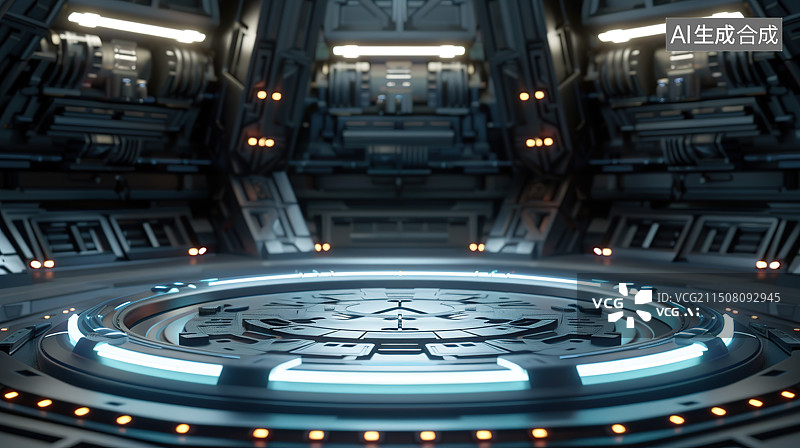 【AI数字艺术】蓝色金属质感发光科技室内空间产品展台图片素材