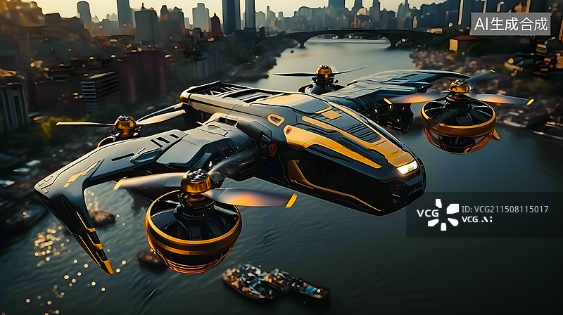 【AI数字艺术】城市上空飞翔的无人机图片素材