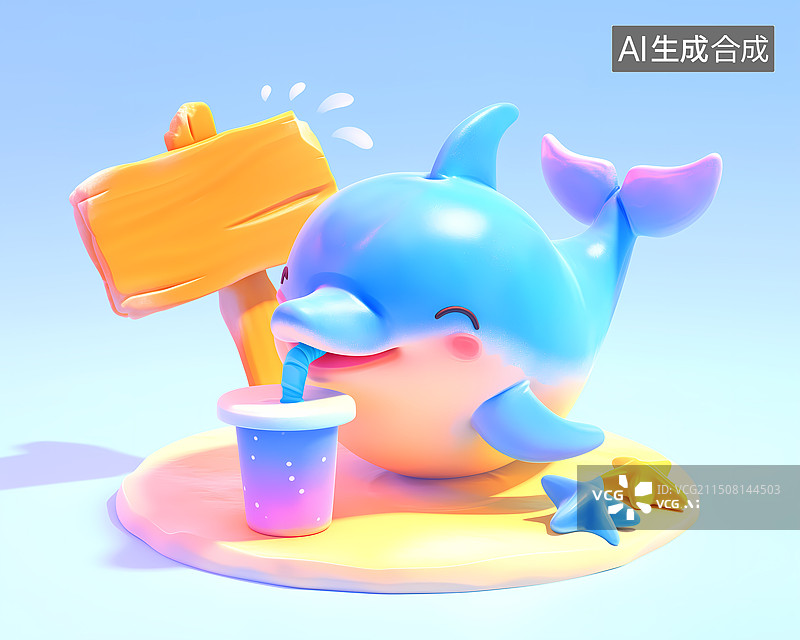 【AI数字艺术】沙滩上可爱的小海豚用吸管喝饮料标牌海星3D插画图片素材