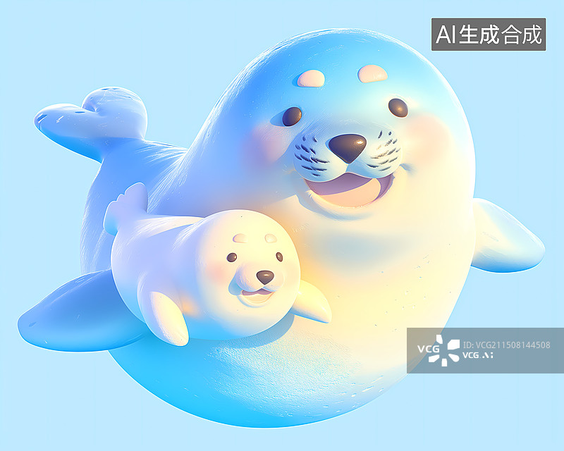 【AI数字艺术】海豹妈妈带着可爱的小海豹海洋动物3D插画图片素材