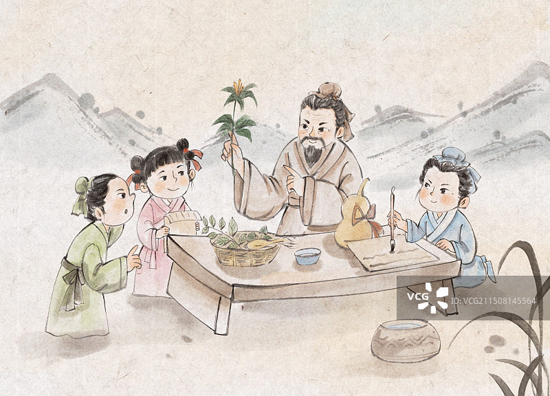 手绘水墨中国风中医教学徒知识插画图片素材