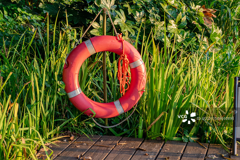 西湖水边保护的救生圈图片素材
