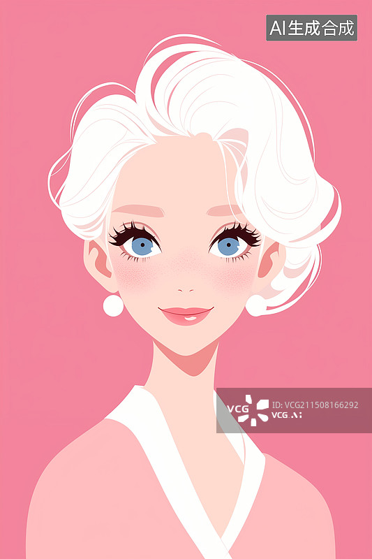 【AI数字艺术】一个年轻时尚活力漂亮大眼睛的白发阿姨老太太扁平插画图片素材